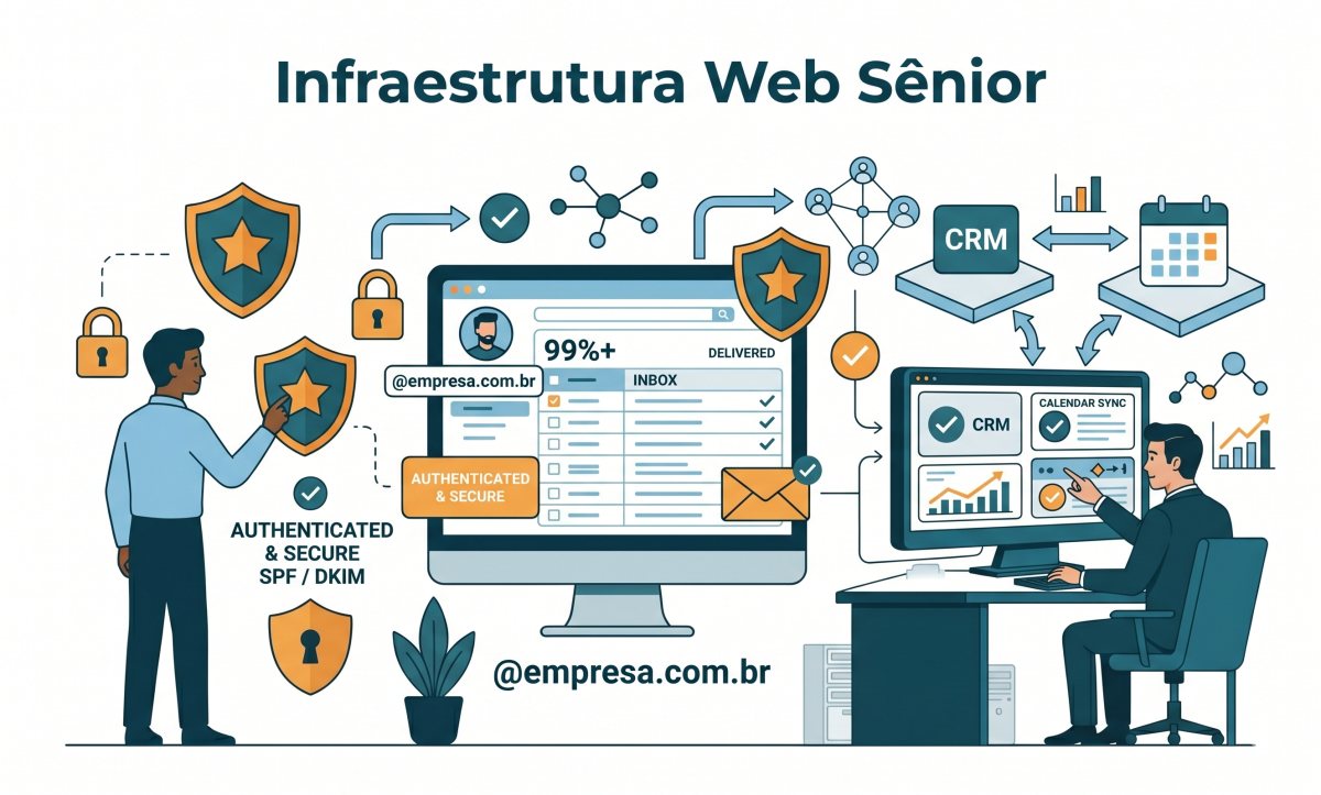 Ilustração flat design da Ruah Comunicação mostrando o profissional Jacks Ramos gerenciando e-mails profissionais no Zoho Mail. O painel central exibe taxas de deliverability de 99%, autenticações SPF/DKIM/DMARC e integração com CRM e calendário, simbolizando comunicação segura e eficiente para empresas.
