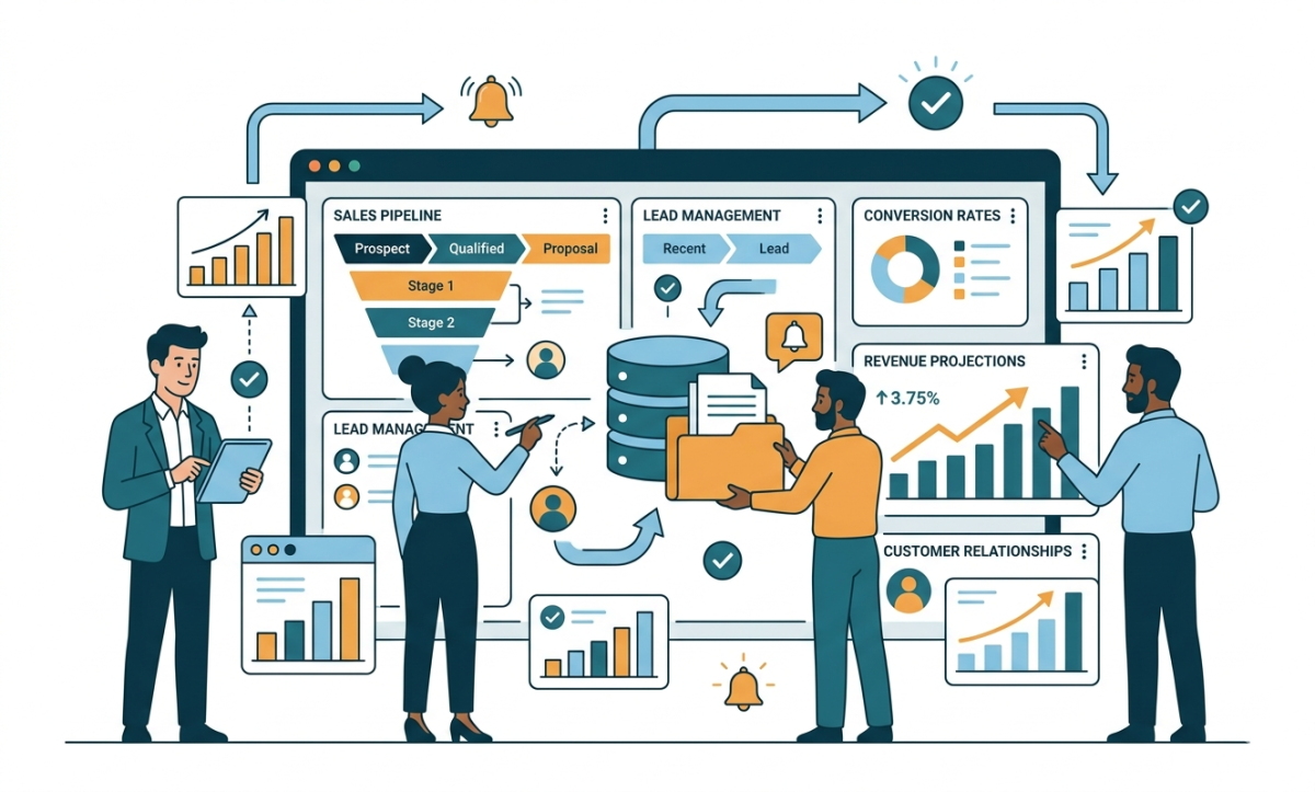 Ilustração flat design da Ruah Comunicação mostrando a equipe de Jacks Ramos gerenciando um painel central do CRM Perfex: profissionais analisam estatísticas de leads, taxas de conversão de 70%, o funil de vendas com métricas de 40% de crescimento na receita e a estrutura do banco de dados centralizado